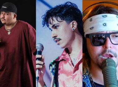 Montagem de três fotos dos artistas que ganharam a votação popular do Piauí Pop. Fotos de Felinho Nordestino, Math Gabe e da banda Banheiro de rodoviária.